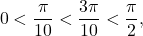 \[ 0<\frac{\pi}{10}<\frac{3\pi}{10}<\frac{\pi}{2}, \]
